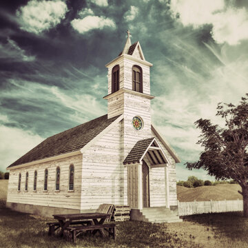 old wooden presbyterian church in the Texas desert 3d illustration