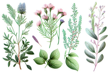 Set of various flowers and herbs on a white background. Generative AI.