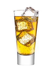 Glass of energy carbonated soda drink with ice on white background