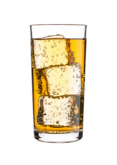 Glass of energy carbonated soda drink with ice on white background