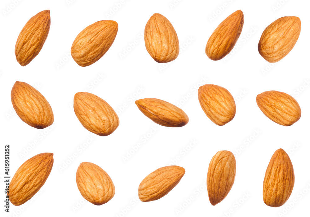 Poster raw almonds nuts different shape isolated on white background