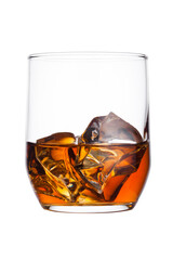 Elegant glass of whiskey with ice cubes isolated on white background
