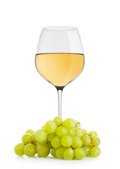 Glass of white wine with green grapes on white background