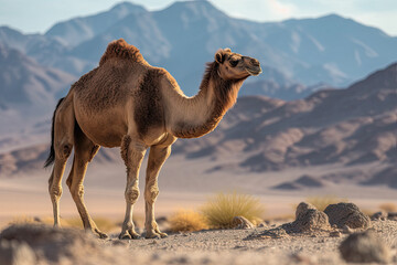 a camel standing in the desert with mountains in the background and rocks scattered on the ground to the left side