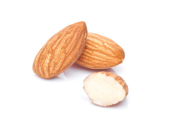 Healthy almonds nuts macro on white background