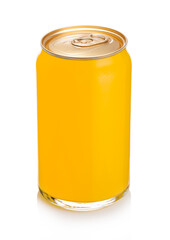 Glass with orange soda drink aluminium tin top and ice cubes on white background