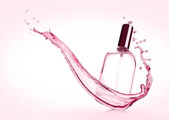 Luxury pink liquid  perfume bottle with splashes on pink background
