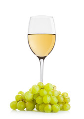 Glass of white wine with green grapes on white background