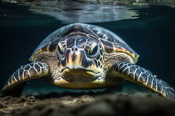 a sea turtle swimming in the water with its head above the water's surface, looking directly into the camera lens