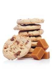 Sweet caramel oatmeeal gluten free cookies with caramel soft candy on white background