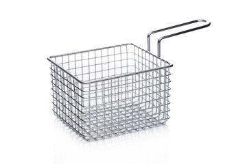 Stainless steel basket for french fries on white background