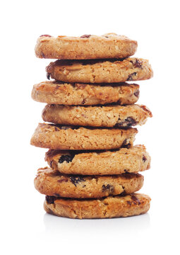 Gluten free oatmeal chocolate cookies with rasins on white background