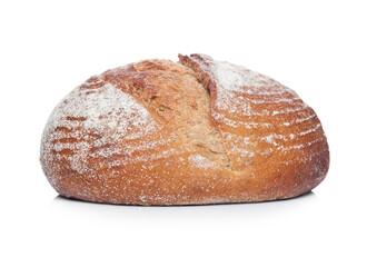 Freshly baked  loaf of bread with flour on white background