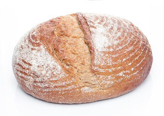 Freshly baked  loaf of bread with flour on white background