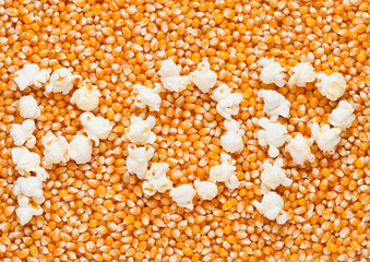 Raw golden sweet corn seeds with word POP made from popcorn