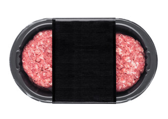Raw fresh beef burgers in plastic tray on white background with black label
