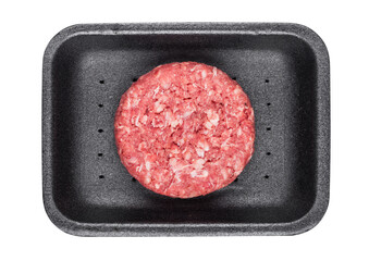 Raw fresh beef burger in plastic tray on white background