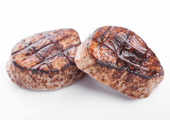 Grilled juicy beef pork steak slice on white background