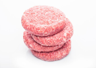 Raw fresh beef burgers on white background with reflection