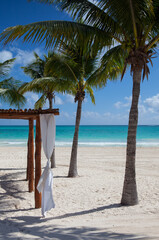 Luxury beach shelter on the empty beach, Playa del Carmen,YucatÃ¡n,Mexico