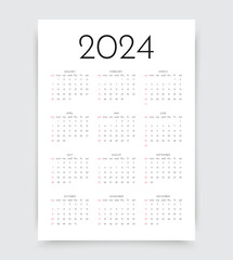 Calendar 2024 year. Week starts Sunday. Pocket calender layout. Yearly organizer with 12 month. Scheduler template in minimal design. Portrait orientation, English. Paper size A4. Vector illustration