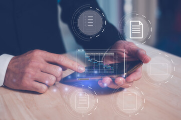 Document data system Report HR technology Concept, Businessman Manager typing on smartphone checking white documents reports papers of files icon in modern office, paperless documents