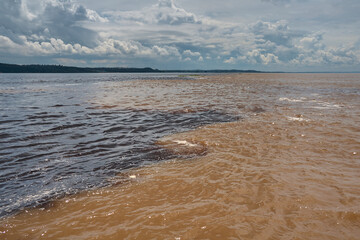 The confluence between the dark (blackwater) Rio Negro and the pale sandy-colored (whitewater) Amazon River or Rio Solimões.