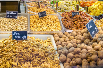 Valencia, Spain - February 24, 2018: Various type of nuts in the Central Market of Valencia, Spain