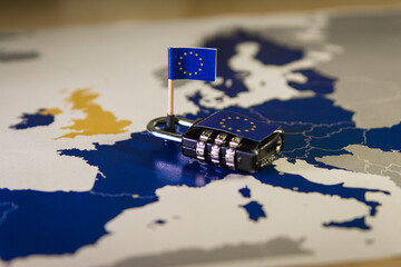 Padlock over EU map, symbolizing the EU General Data Protection Regulation or GDPR. Designed to...