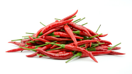 Stack of hot chili pepper or small chili padi, isolated on white background