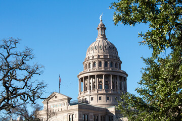 Obraz premium Texas Capitol dome in Austin with foreground trees