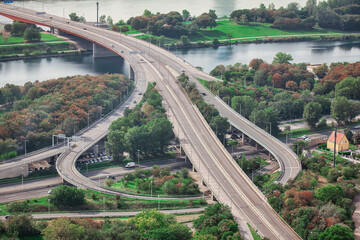 Aerial view of the highway overpass over Danube river in Vienna , Austria