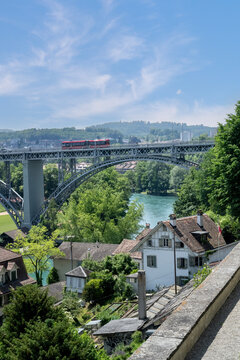 Blue water, towers and landscape in Bern Switzerland