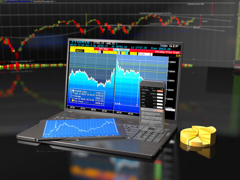 Laptop, tablet and smartphone with business applications on financial exchange background (3d illustration).