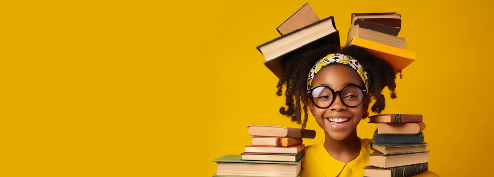 African American schoolgirl, smiling, looking at camera, wears glasses yellow background with books. Education. Self-development. Generated by AI