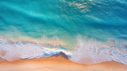 Beachscape, A serene aerial view of a pristine white sand beach surrounded by crystal clear ,very clear turquoise waters, text poster,summer background,template ,copy space,banner,generated ai