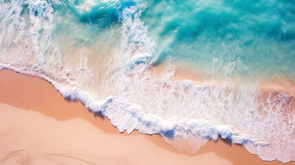 Fototapeta na wymiar Beachscape, A serene aerial view of a pristine white sand beach surrounded by crystal clear ,very clear turquoise waters, text poster,summer background,template ,copy space,banner,generated ai