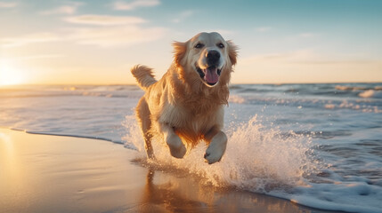 Golden Retriever dog running on the beach sunset light having a fun time, Generative AI - 615954272