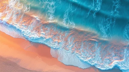 Fototapeten Beachscape, A serene aerial view of a pristine white sand beach surrounded by crystal clear ,very clear turquoise waters, text poster,summer background,template ,copy space,banner,generated ai © Aleksandr