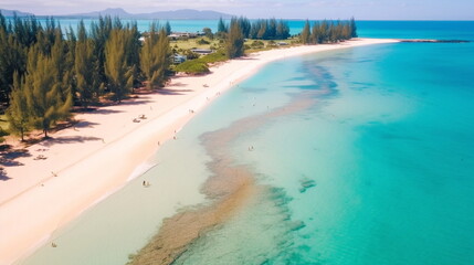 Beachscape, A serene aerial view of a pristine white sand beach surrounded by crystal clear ,very clear turquoise waters, text poster,summer background,template ,copy space,banner,generated ai