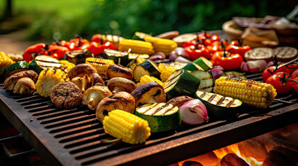 food on a grill with some vegetables and meats being grilled in the same direction to make it look like they're