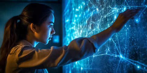 Fototapeta na wymiar Woman controls hologram technology, handling virtual 3D connection with her hand in dark digital room. generative AI.