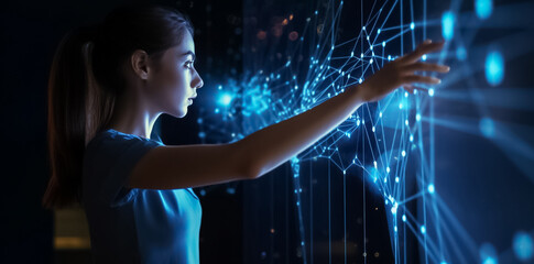 Fototapeta na wymiar Woman controls hologram technology, handling virtual 3D connection with her hand in dark digital room. generative AI.