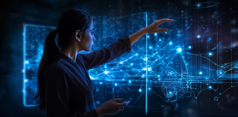 Woman controls hologram technology, handling virtual 3D connection with her hand in dark digital room. generative AI.