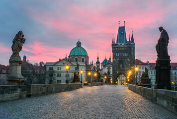 Fototapeta na wymiar Morning sunrise at Charles bridge in Prague