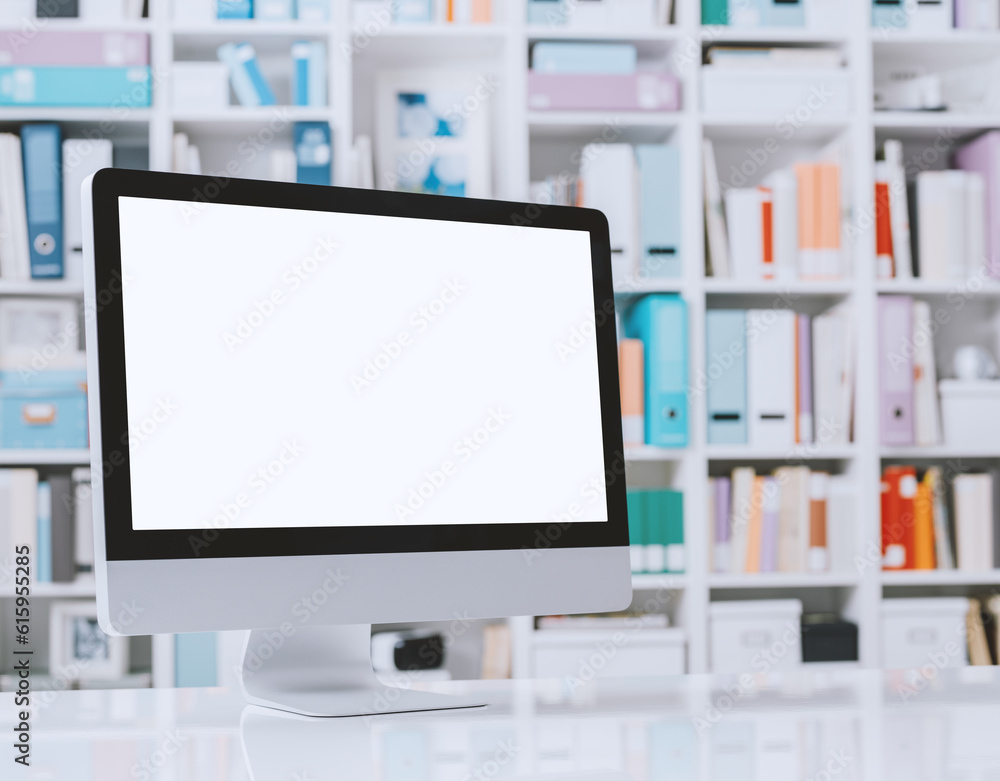 Poster professional creative workspace with computer on a white desktop and colorful folders on the shelves