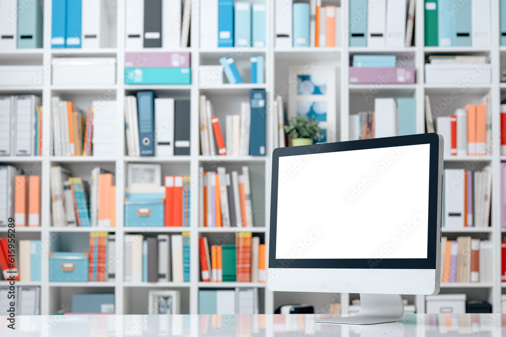 Aufkleber professional creative workspace with computer on a white desktop and colorful folders on the shelves