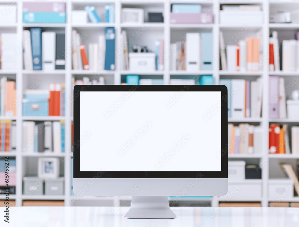 Aufkleber professional creative workspace with computer on a white desktop and colorful folders on the shelves