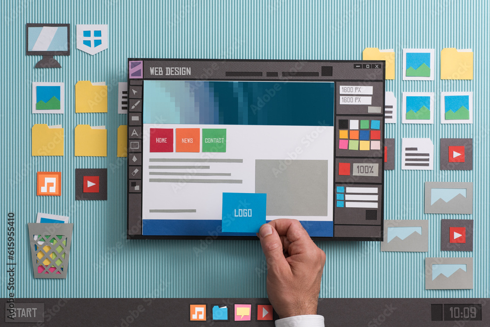 Poster web designer drafting web templates and web page layouts using a professional software, collage and 