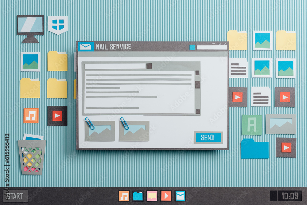 Poster open mail text with attachments on an e-mail reader window, collage and paper cut composition